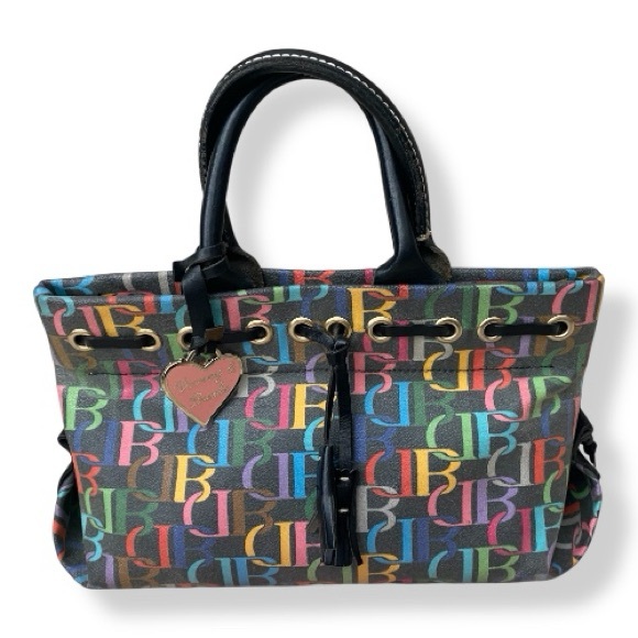 Dooney & Bourke Handbags - Dooney & Bourke Multicolor DB Monogram Drawstring Bag Canvas Leather Trim Y2K